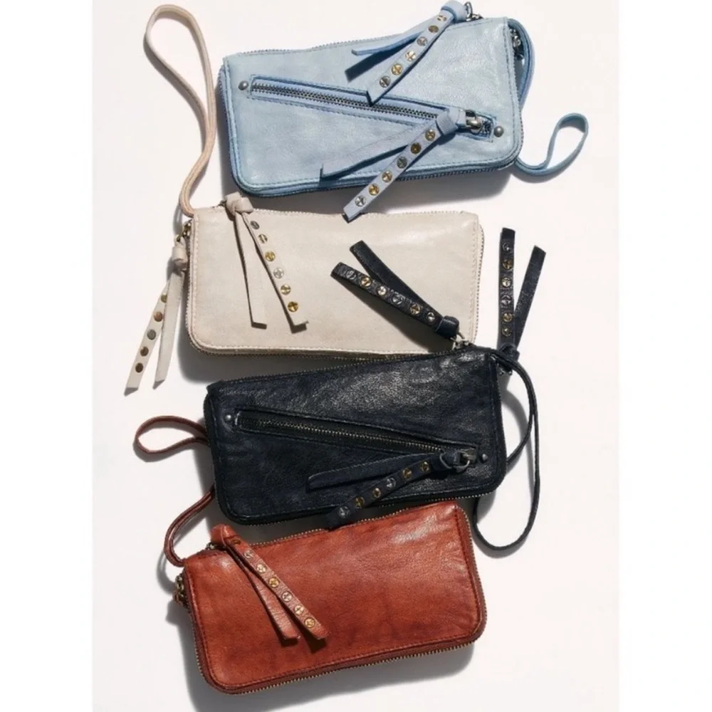 Free People Tan Pebbled Leather Wallet with Diagonal Zipper